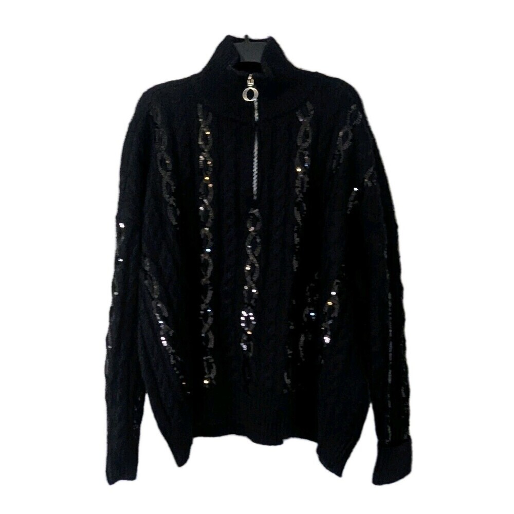 Crown & Ivy XXL Black Cable Knit Sequin Sweater 1/4 Zip Mock Neck NWT